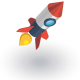 Icon einer Rakete in rot und blau, die gerade aufsteigt 