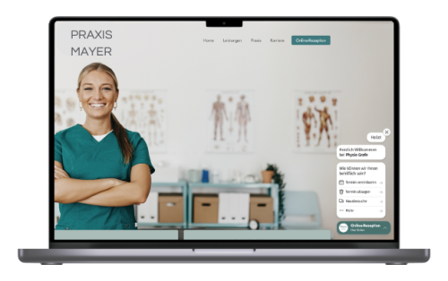 Laptop mit der Startseite einer Hausarztpraxis und der Online-Rezpetion by Docmedico auf dem Bildschirm