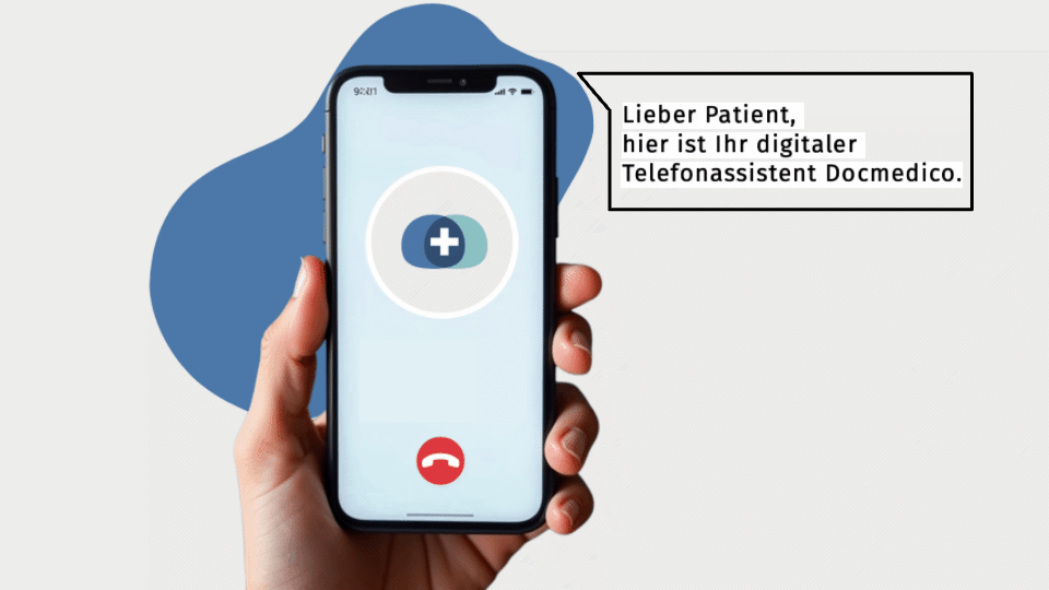 Eine Person hält ein Handy in der Hand mit dem Docmedico-Logo auf dem Bildschirm und Sprechblasen daneben