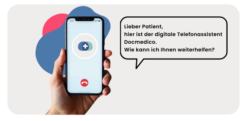 Person hält ein Handy in der Hand mit dem Docmedico-Logo auf dem Bildschirm und einer Sprechblase daneben