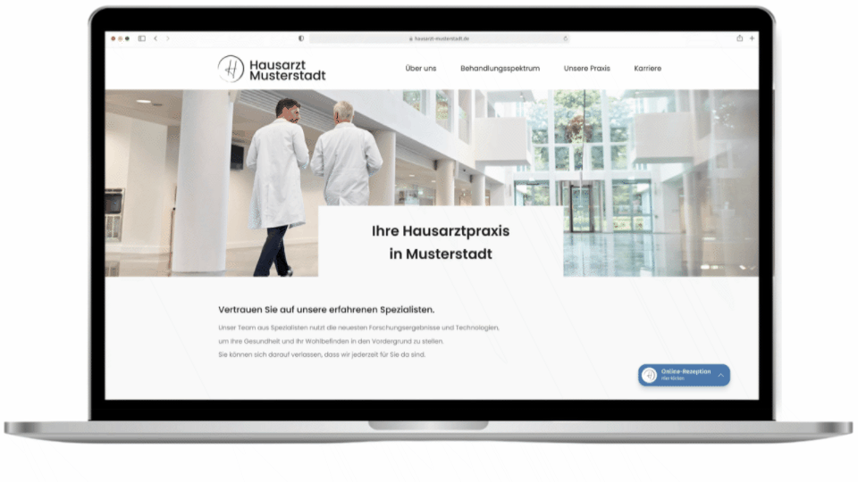 Laptop mit Website einer Hausarztpraxis und animierter Online-Rezeption by Docmedico
