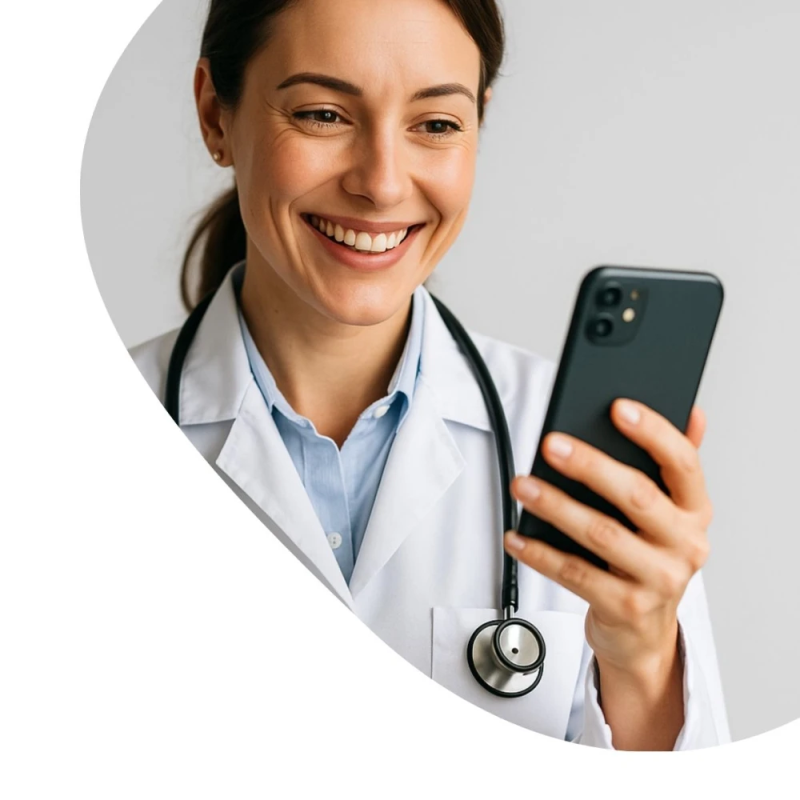 Ärztin hält Handy in der Hand